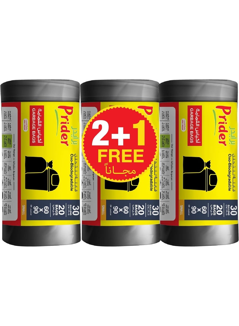 Prider, 30 Gallons Pack of 3, Black, 60 Garbage Bags, Size 60x90 cm, Trash Bags, Bin Liner, Waste Bags for Indoor and Outdoor Purposes - Image 1